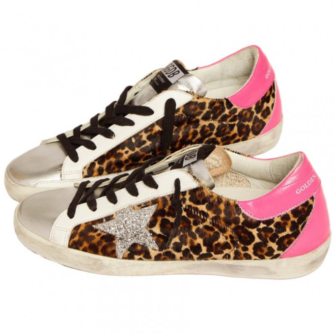 КЕДЫ  GOLDEN GOOSE  'SUPERSTAR'  in Leopard Pint with Silver Glitter Star and Fuchsia Heel Tab