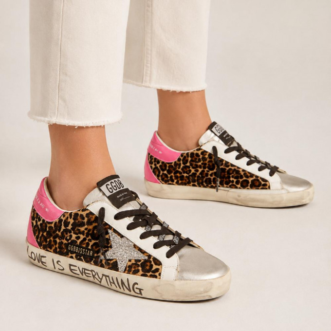 КЕДЫ  GOLDEN GOOSE  'SUPERSTAR'  in Leopard Pint with Silver Glitter Star and Fuchsia Heel Tab