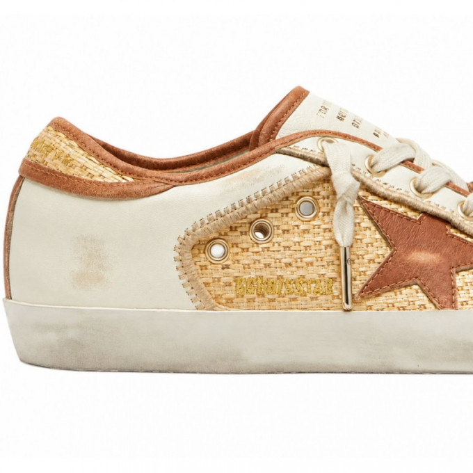 КЕДЫ  GOLDEN GOOSE  'SUPERSTAR'  in White Leather and Raffia with Brick-Red Star and Inserts