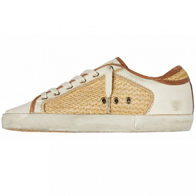 КЕДЫ  GOLDEN GOOSE  'SUPERSTAR'  in White Leather and Raffia with Brick-Red Star and Inserts