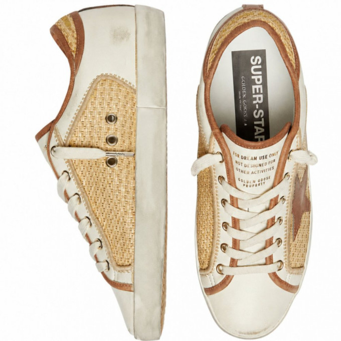 КЕДЫ  GOLDEN GOOSE  'SUPERSTAR'  in White Leather and Raffia with Brick-Red Star and Inserts