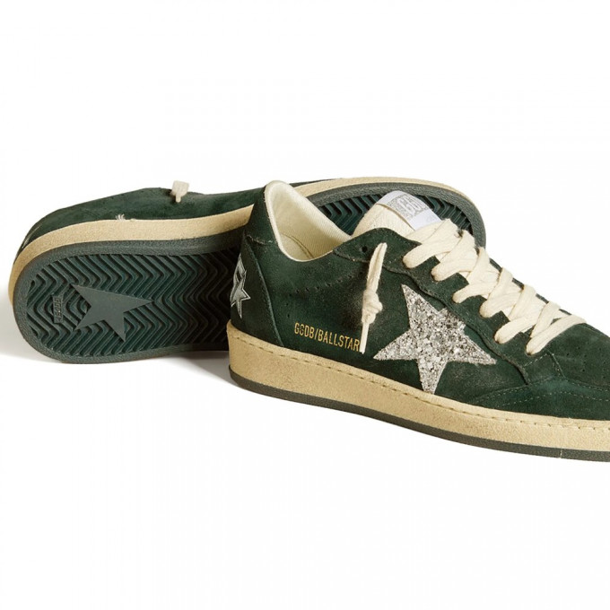 КЕДЫ  GOLDEN GOOSE BALL STAR  in Green suede with Silver glitter star