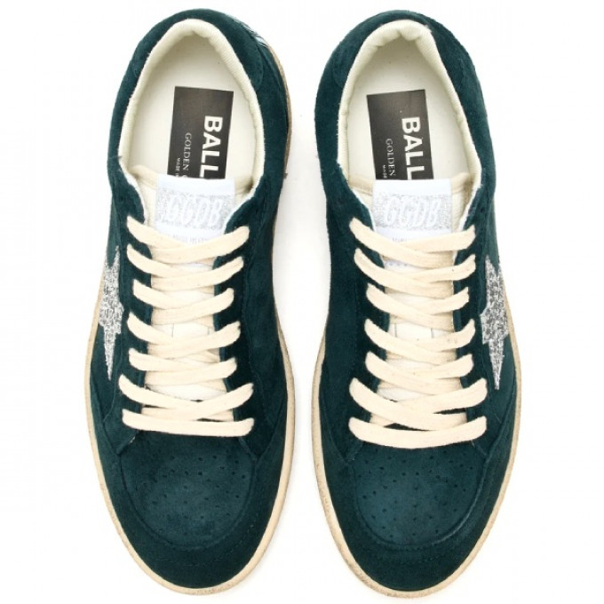 КЕДЫ  GOLDEN GOOSE BALL STAR  in Green suede with Silver glitter star