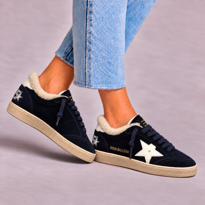 Зимние кеды Golden Goose Winter Ball Star Blue Suede с белой звездой и овчиной