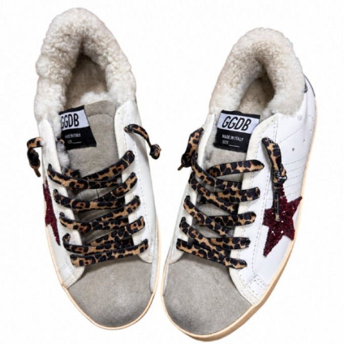 Женские зимние кеды Golden Goose Winter Super-Star Burgundy Glitter Star с натуральной овчиной