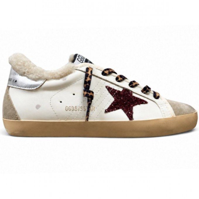 Женские зимние кеды Golden Goose Winter Super-Star Burgundy Glitter Star с натуральной овчиной