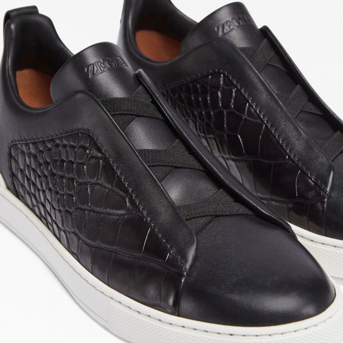 Кроссовки Zegna Triple Stitch Leather Black And Alligator