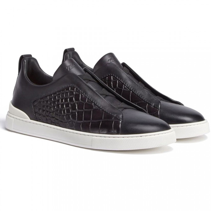 Кроссовки Zegna Triple Stitch Leather Black And Alligator